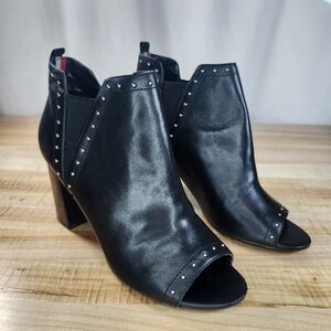 Tommy Hilfiger Womens Leather Peep Toe Booties 6.5M Black Studded Block Heel